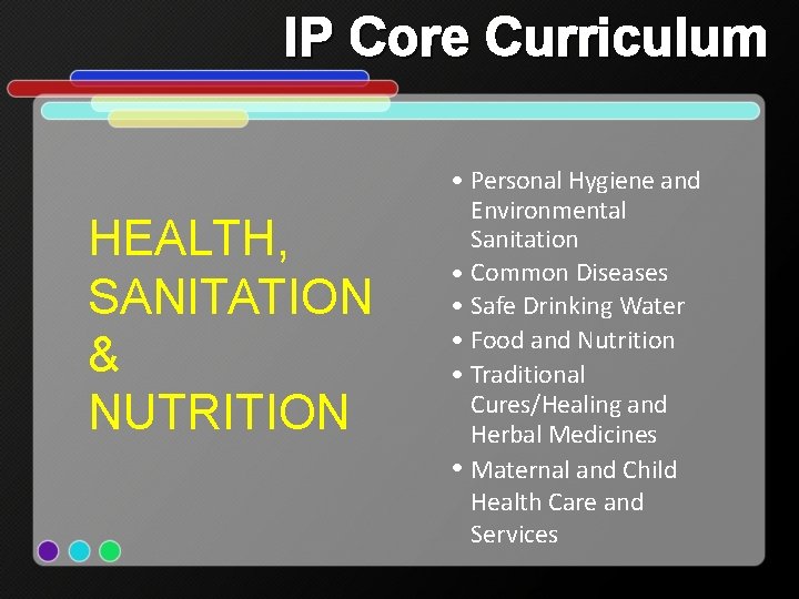 IP Core Curriculum HEALTH, SANITATION & NUTRITION • Personal Hygiene and Environmental Sanitation •