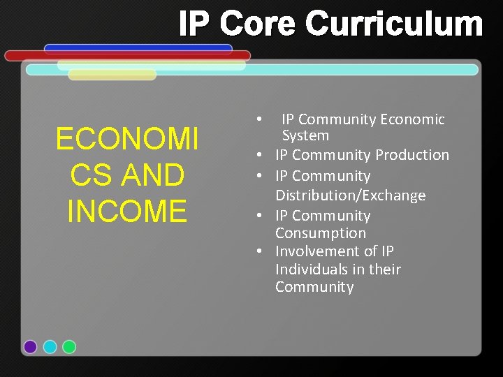 IP Core Curriculum ECONOMI CS AND INCOME • • • IP Community Economic System