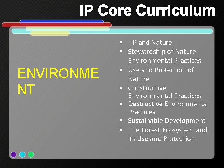 IP Core Curriculum ENVIRONME NT • IP and Nature • Stewardship of Nature Environmental