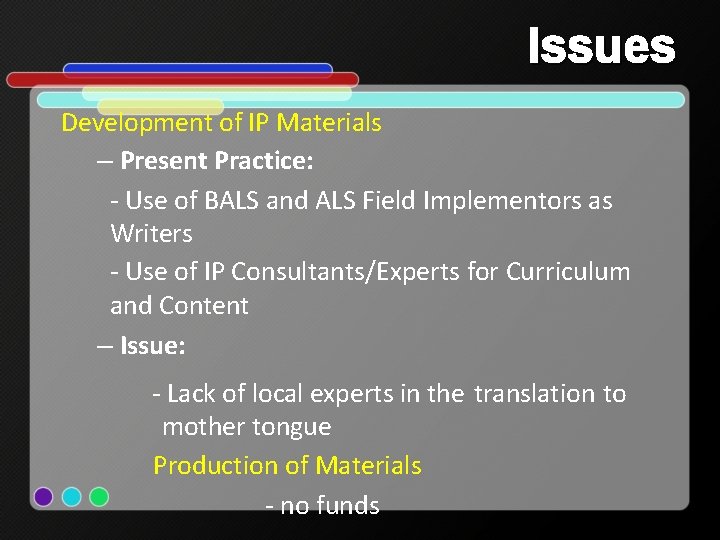 Issues Development of IP Materials – Present Practice: - Use of BALS and ALS