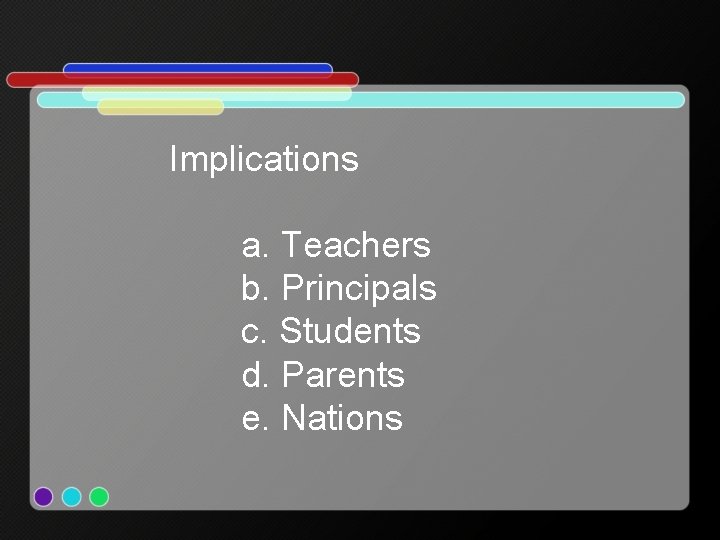 Implications a. Teachers b. Principals c. Students d. Parents e. Nations 