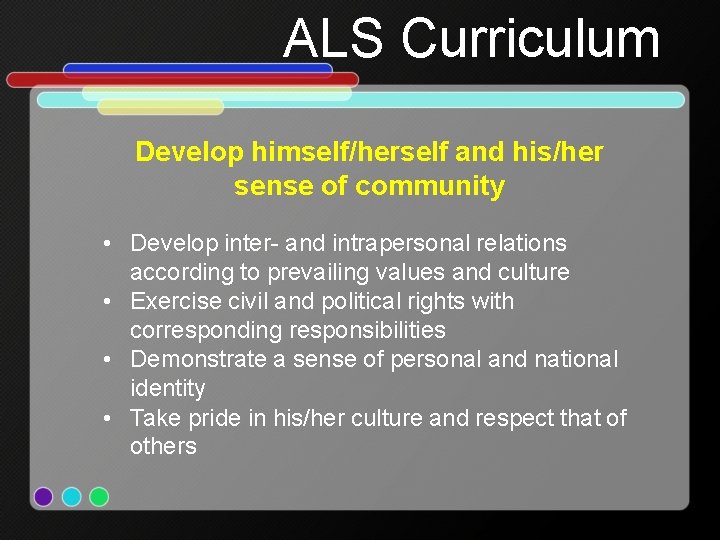 ALS Curriculum Develop himself/herself and his/her sense of community • Develop inter- and intrapersonal