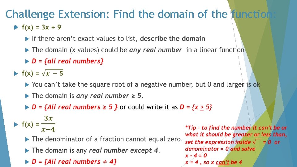 Challenge Extension: Find the domain of the function: 