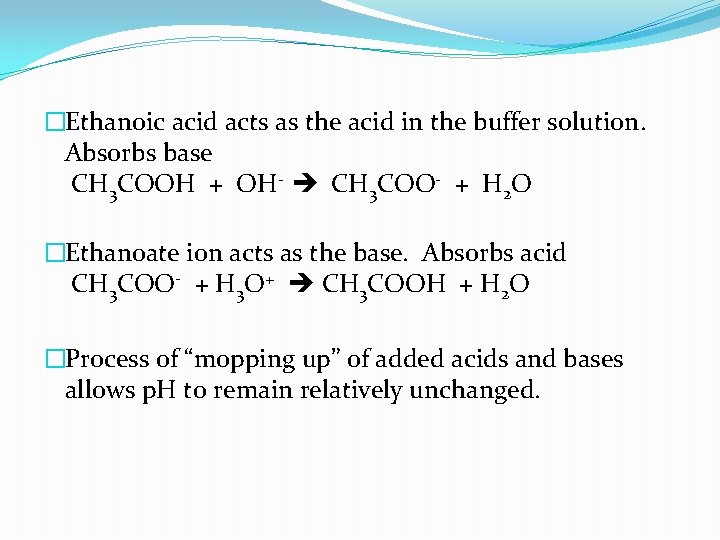 �Ethanoic acid acts as the acid in the buffer solution. Absorbs base CH 3