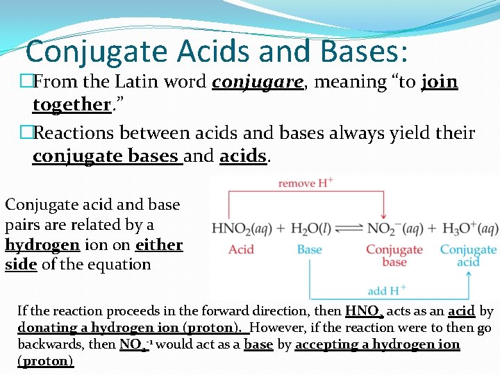 Conjugate Acids and Bases: �From the Latin word conjugare, meaning “to join together. ”