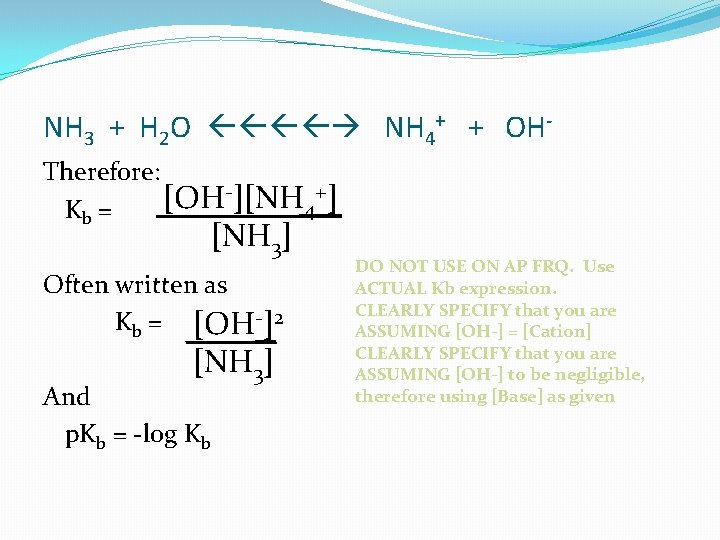 NH 3 + H 2 O NH 4+ + OHTherefore: -][NH +] [OH 4