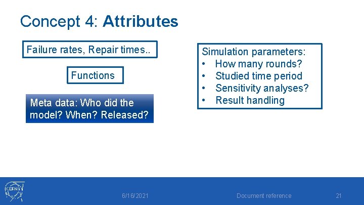 Concept 4: Attributes Failure rates, Repair times. . Functions Meta data: Who did the