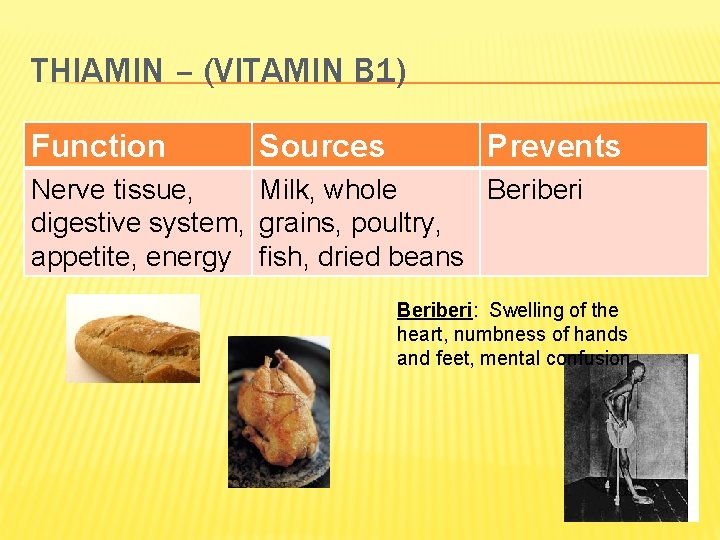 THIAMIN – (VITAMIN B 1) Function Sources Prevents Nerve tissue, Milk, whole Beriberi digestive