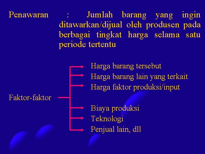 Penawaran : Jumlah barang yang ingin ditawarkan/dijual oleh produsen pada berbagai tingkat harga selama