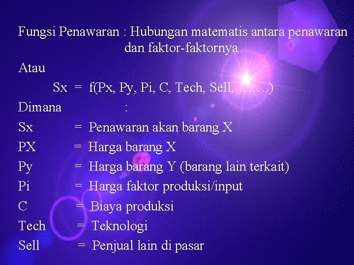 Fungsi Penawaran : Hubungan matematis antara penawaran dan faktor-faktornya Atau Sx = f(Px, Py,