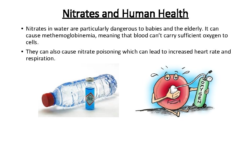 Nitrates and Human Health • Nitrates in water are particularly dangerous to babies and