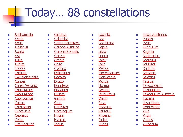 Today… 88 constellations n n n n n n Andromeda Antlia Apus Aquarius Aquila