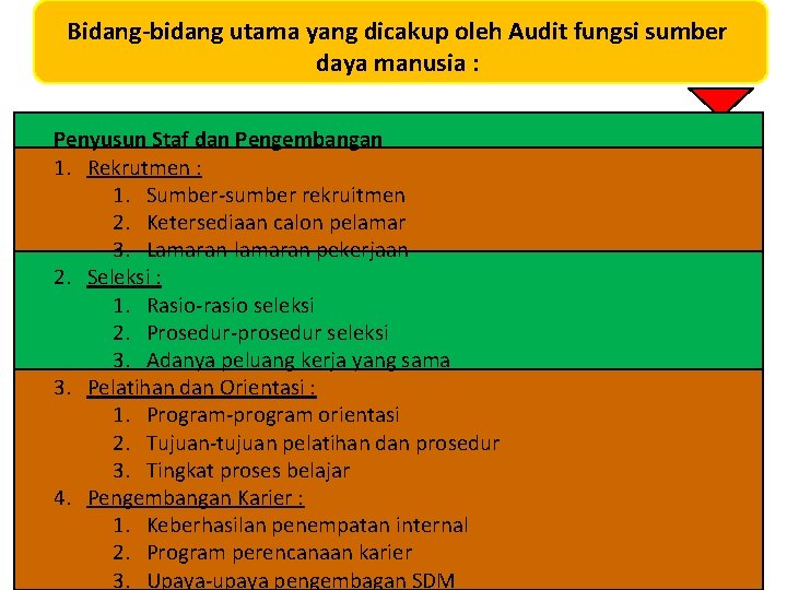 Bidang-bidang utama yang dicakup oleh Audit fungsi sumber daya manusia : Penyusun Staf dan