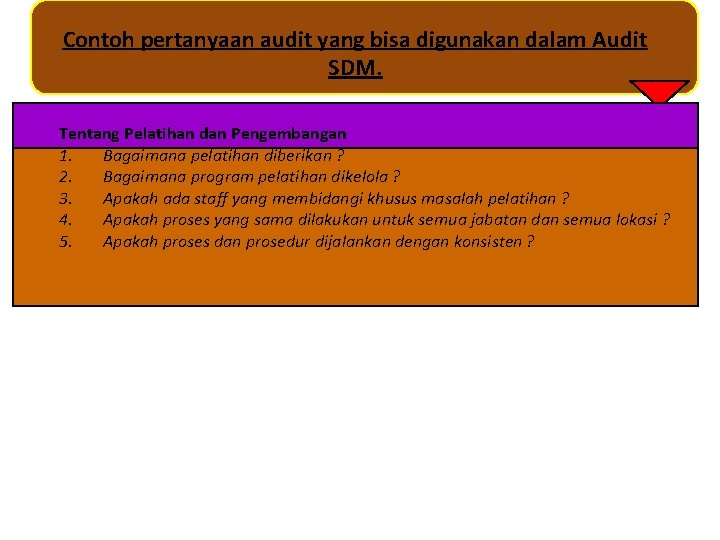 Contoh pertanyaan audit yang bisa digunakan dalam Audit SDM. Tentang Pelatihan dan Pengembangan 1.