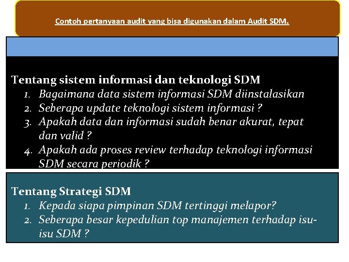 Contoh pertanyaan audit yang bisa digunakan dalam Audit SDM. Tentang sistem informasi dan teknologi
