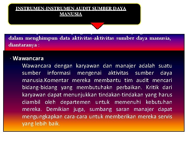 INSTRUMEN-INSTRUMEN AUDIT SUMBER DAYA MANUSIA Ada beberapa instrumen pengumpulan informasi yang membantu dalam menghimpun