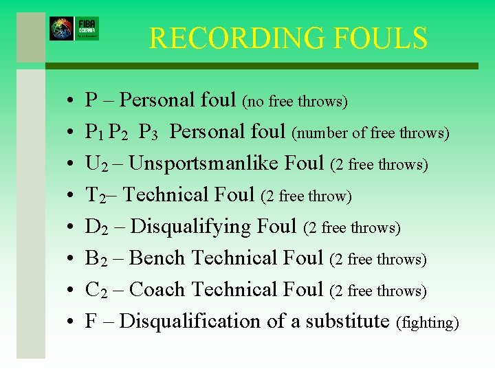 RECORDING FOULS • • P – Personal foul (no free throws) P 1 P