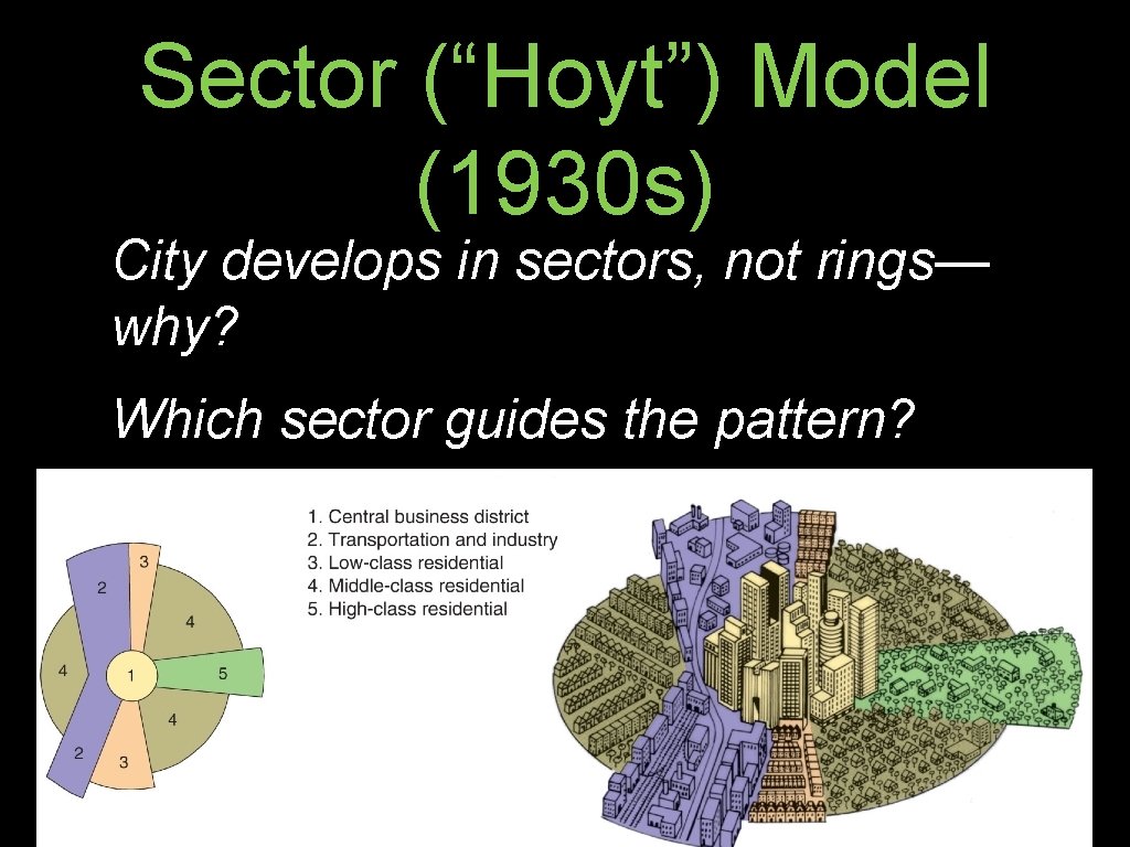 Sector (“Hoyt”) Model (1930 s) City develops in sectors, not rings— why? Which sector