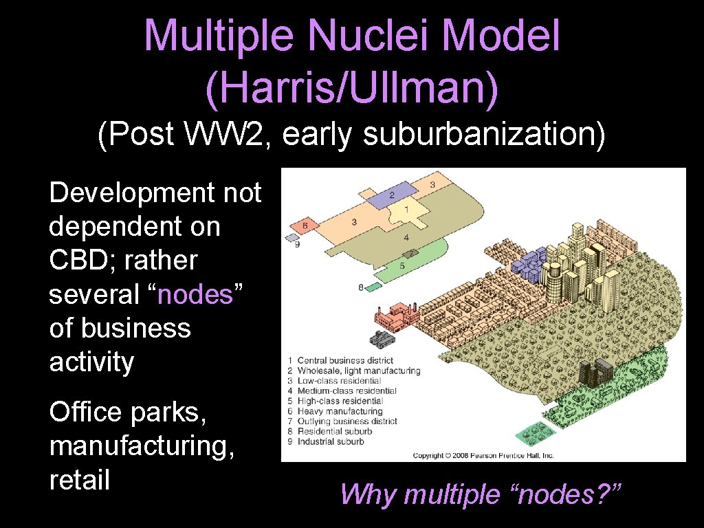 Multiple Nuclei Model (Harris/Ullman) (Post WW 2, early suburbanization) Development not dependent on CBD;
