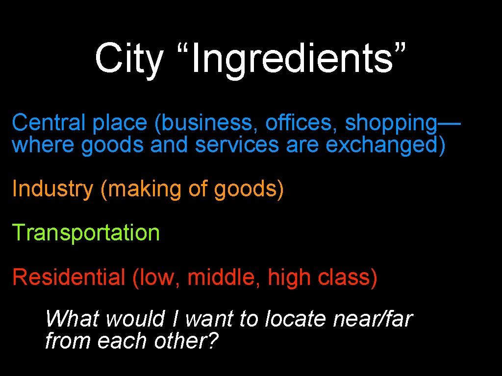 City “Ingredients” Central place (business, offices, shopping— where goods and services are exchanged) Industry