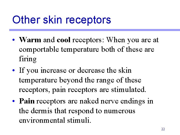 Other skin receptors • Warm and cool receptors: When you are at comportable temperature