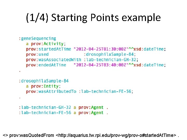 (1/4) Starting Points example http: //www. w 3. org/TR/prov-o/ 9. <> prov: was. Quoted.