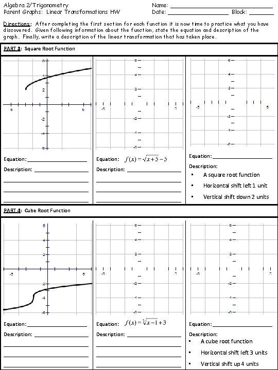 Algebra 2/Trigonometry Parent Graphs: Linear Transformations HW Name: _______________ Date: _________ Block: _______ Directions: