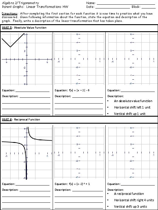 Algebra 2/Trigonometry Parent Graphs: Linear Transformations HW Name: _______________ Date: _________ Block: _______ Directions: