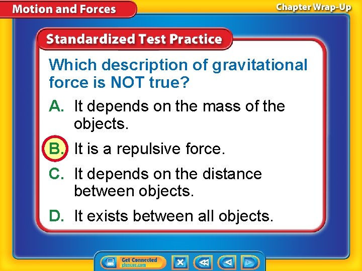 Which description of gravitational force is NOT true? A. It depends on the mass Which description of gravitational force is NOT true? A. It depends on the mass