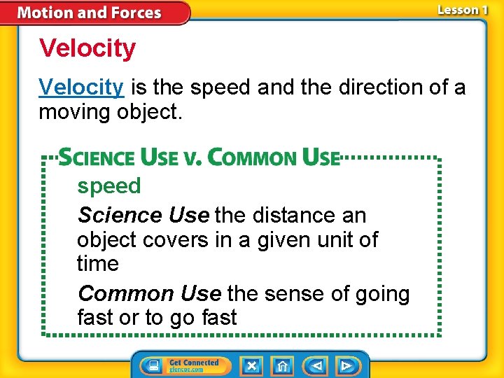 Velocity is the speed and the direction of a moving object. speed Science Use