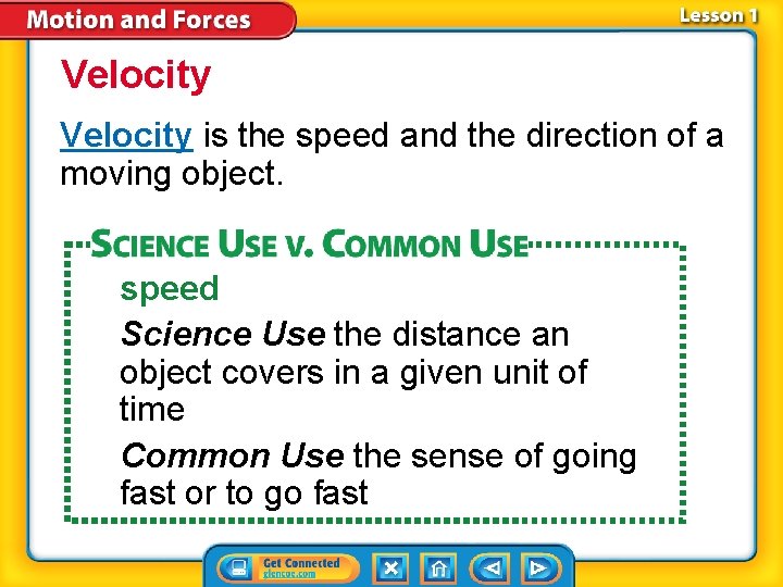 Velocity is the speed and the direction of a moving object. speed Science Use Velocity is the speed and the direction of a moving object. speed Science Use