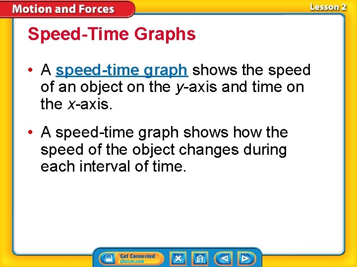 Speed-Time Graphs • A speed-time graph shows the speed of an object on the