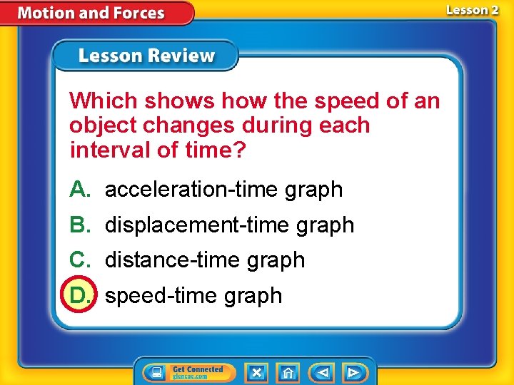 Which shows how the speed of an object changes during each interval of time? Which shows how the speed of an object changes during each interval of time?