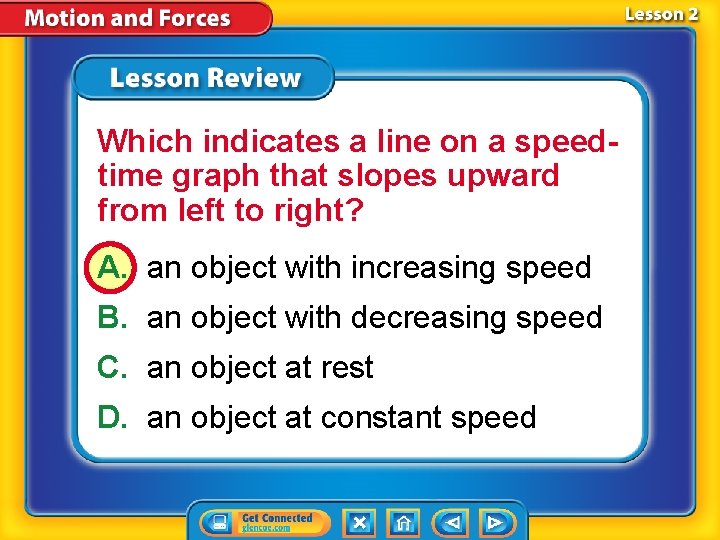 Which indicates a line on a speedtime graph that slopes upward from left to