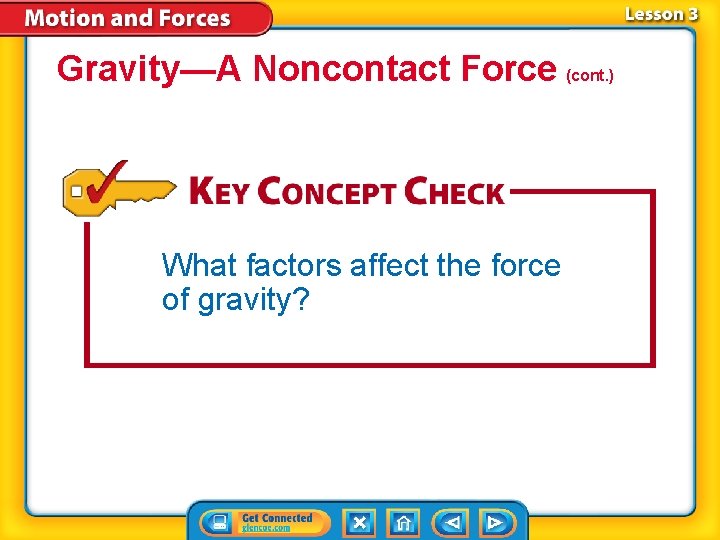 Gravity—A Noncontact Force (cont. ) What factors affect the force of gravity? Gravity—A Noncontact Force (cont. ) What factors affect the force of gravity?