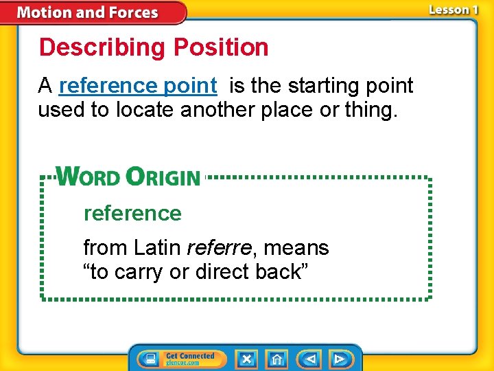 Describing Position A reference point is the starting point used to locate another place