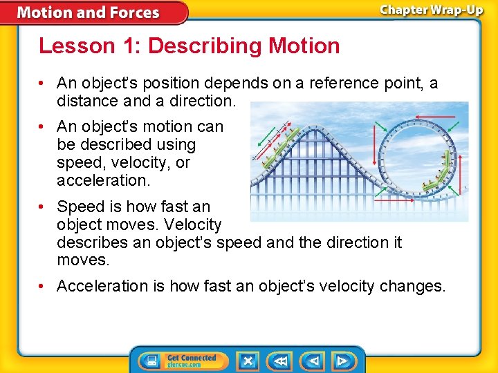 Lesson 1: Describing Motion • An object’s position depends on a reference point, a