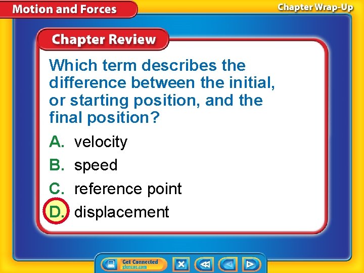 Which term describes the difference between the initial, or starting position, and the final