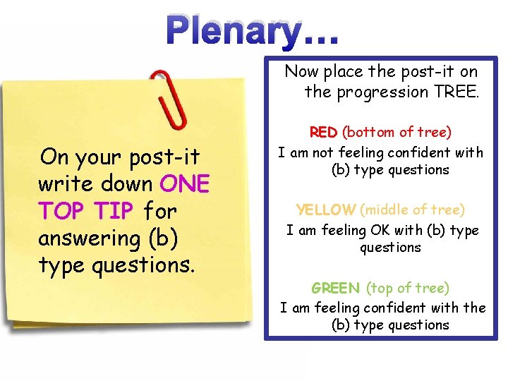 Plenary… Now place the post-it on the progression TREE. On your post-it write down