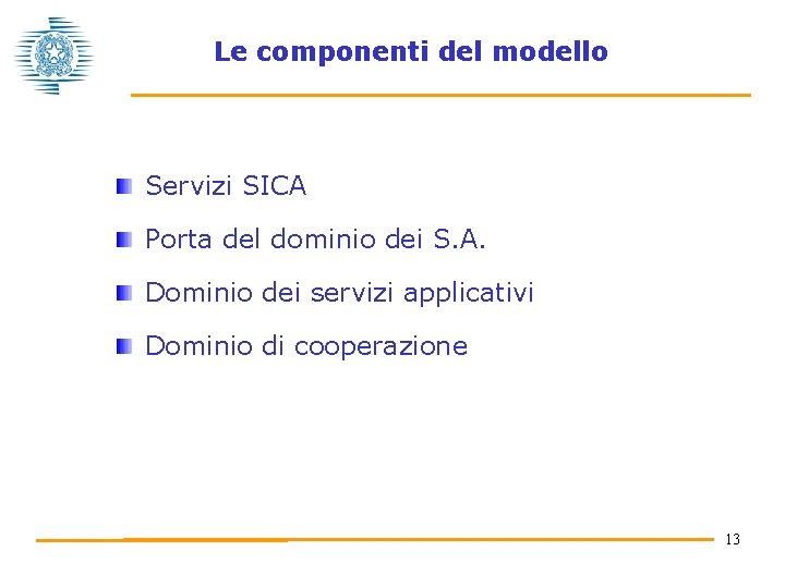 Le componenti del modello Servizi SICA Porta del dominio dei S. A. Dominio dei