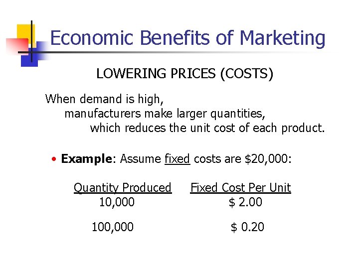Economic Benefits of Marketing LOWERING PRICES (COSTS) When demand is high, manufacturers make larger