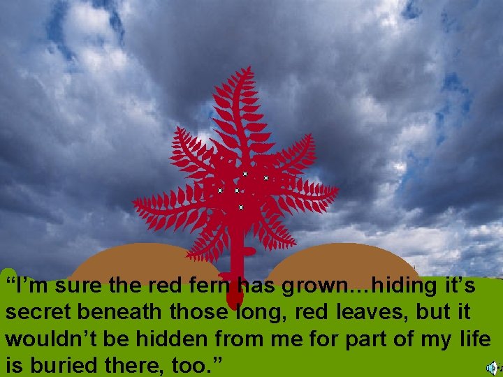“I’m sure the red fern has grown…hiding it’s secret beneath those long, red leaves,