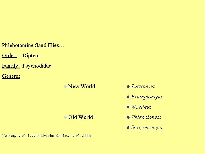 Phlebotomine Sand Flies… Order: Diptera Family: Psychodidae Genera: ● New World ● Lutzomyia ●