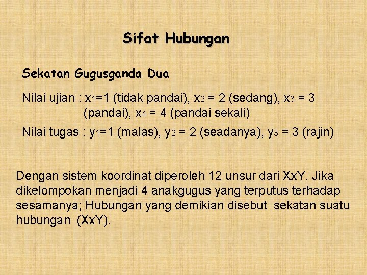 Sifat Hubungan Sekatan Gugusganda Dua Nilai ujian : x 1=1 (tidak pandai), x 2