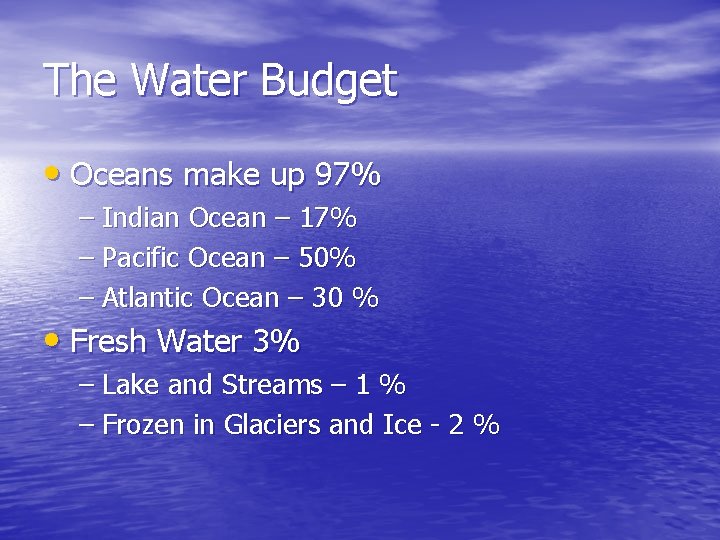 The Water Budget • Oceans make up 97% – Indian Ocean – 17% –