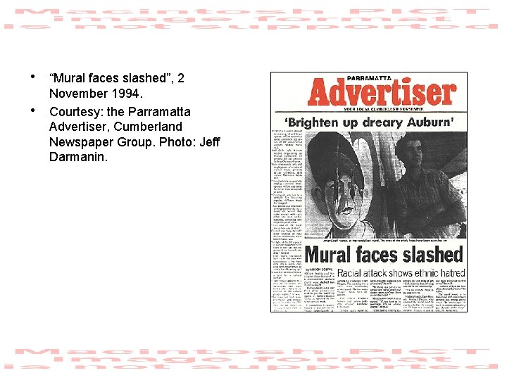  • “Mural faces slashed”, 2 • November 1994. Courtesy: the Parramatta Advertiser, Cumberland