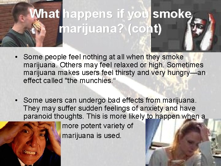 What happens if you smoke marijuana? (cont) • Some people feel nothing at all