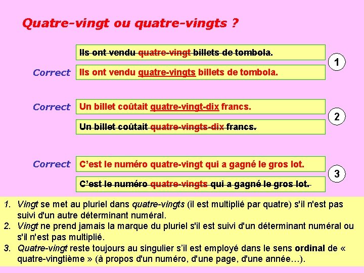 Quatre-vingt ou quatre-vingts ? Ils ont vendu quatre-vingt billets de tombola. Correct Ils ont