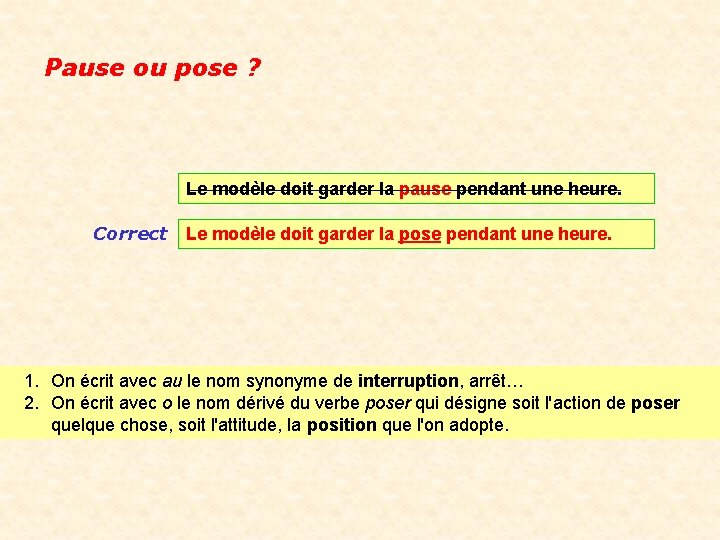 Pause ou pose ? Le modèle doit garder la pause pendant une heure. Correct