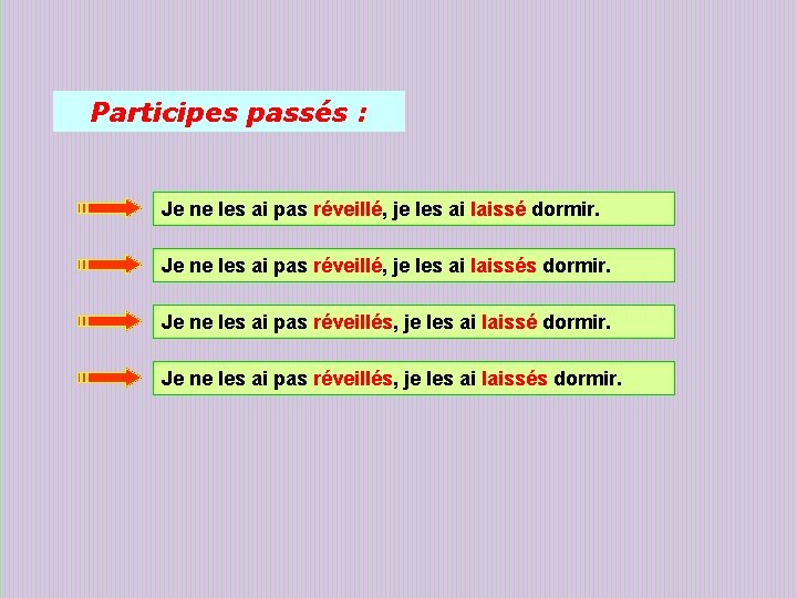 Participes passés : Je ne les ai pas réveillé, je les ai laissé dormir.